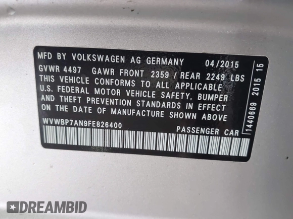 2015 Volkswagen CC R-Line z VIN WVWBP7AN9FE826400, wystawiony jako IAAI lot #40931896 z przebiegiem 117 022 mil mil oraz . Historia ofert i sprzedaży dostępna na DreamBid. Obrazek 9.