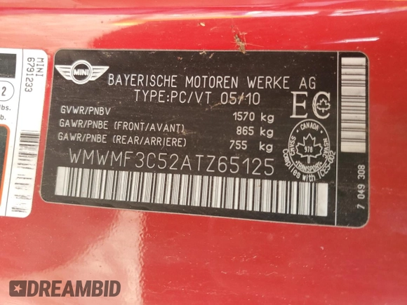 2010 MINI Hardtop с VIN WMWMF3C52ATZ65125, выставлен на аукционе Copart как лот 57271795 с пробегом Не указан миль и Чистый • Clean title. История ставок и продаж доступна на DreamBid. Изображение 12.