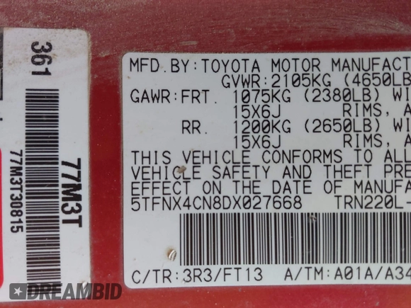 2013 Toyota Tacoma z VIN 5TFNX4CN8DX027668, wystawiony jako IAAI lot #42405111 z przebiegiem 193 453 mil mil oraz . Historia ofert i sprzedaży dostępna na DreamBid. Obrazek 9.