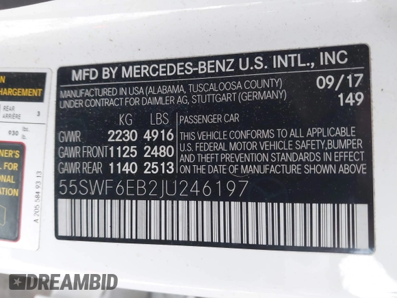 2018 Mercedes-Benz C 43 AMG with VIN 55SWF6EB2JU246197, listed as a IAAI auction lot 41347044 with 61,548 mi miles and . Bid and sale history available at carsss.com. Image 9.