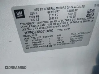 2013 GMC Terrain SLE z VIN 2GKFLREK9D6168690, wystawiony jako IAAI lot #41361099 z przebiegiem 131 867 mil mil oraz . Historia ofert i sprzedaży dostępna na DreamBid. Obrazek 9.