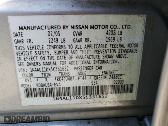 2005 Nissan Altima 2.5 S with VIN 1N4AL11DX5C331652, listed as a Copart auction lot 51174255 with 127,640 mi miles and Salvage Title. Bid and sale history available at carsss.com. Image 15.