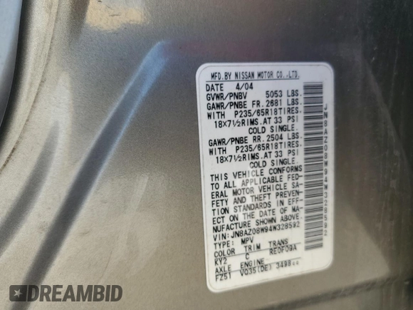 2004 Nissan Murano SE z VIN JN8AZ08W94W328592, wystawiony jako Copart lot #56763755 z przebiegiem 155 771 mil mil oraz Czysty tytuł • Clean title. Historia ofert i sprzedaży dostępna na DreamBid. Obrazek 13.