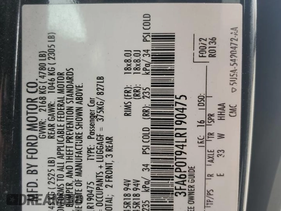2020 Ford Fusion SE with VIN 3FA6P0T94LR190475, listed as a Copart auction lot 49952925 with 98,688 mi miles and Salvage title. Bid and sale history available at DreamBid. Image 13.