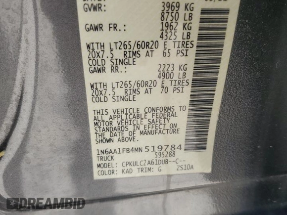 2021 Nissan Titan SV with VIN 1N6AA1FB4MN519784, listed as a Copart auction lot 74893744 with 45,245 mi miles and Salvage title. Bid and sale history available at DreamBid. Image 12.