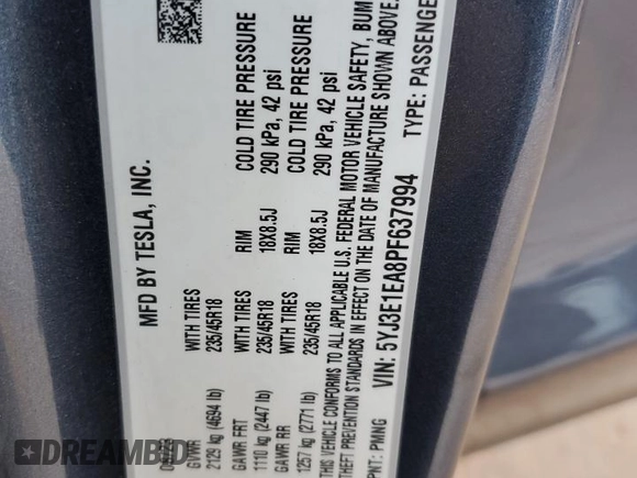 2023 Tesla Model 3 с VIN 5YJ3E1EA8PF637994, выставлен на аукционе Copart как лот 62949765 с пробегом 19 572 миль миль и Списание • Salvage title. История ставок и продаж доступна на DreamBid. Изображение 12.