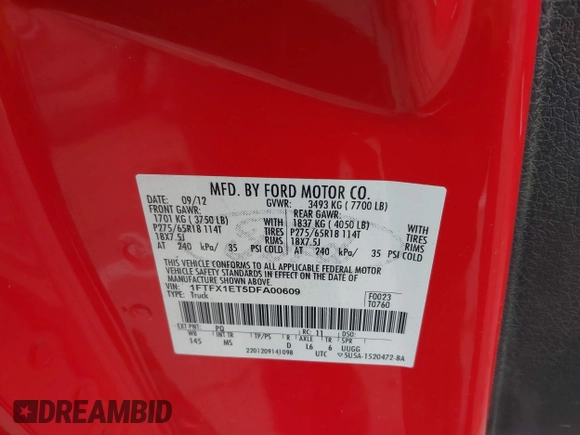 2013 Ford F-150 XL with VIN 1FTFX1ET5DFA00609, listed as a IAAI auction lot 42705060 with 302,085 mi miles and . Bid and sale history available at DreamBid. Image 9.