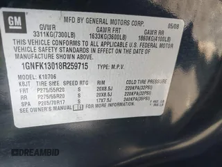 2008 Chevrolet Tahoe LTZ with VIN 1GNFK13018R259715, listed as a IAAI auction lot 42642469 with 208,452 mi miles and . Bid and sale history available at DreamBid. Image 9.