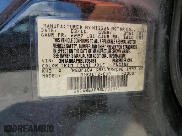 2011 Nissan Sentra S with VIN 3N1AB6AP9BL705451, listed as a Copart auction lot 61741995 with 160,807 mi miles and Salvage title. Bid and sale history available at DreamBid. Image 12.