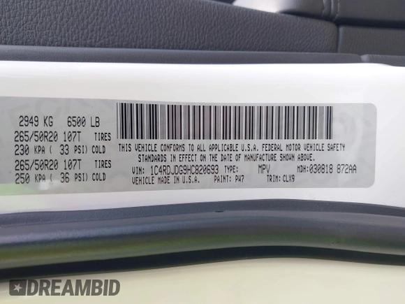 2017 Dodge Durango GT with VIN 1C4RDJDG9HC820693, listed as a IAAI auction lot 42354816 with 70,515 mi miles and . Bid and sale history available at DreamBid. Image 9.