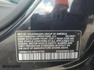 2021 Volkswagen Passat 2.0T R-Line with VIN 1VWMA7A31MC014703, listed as a Copart auction lot 75959334 with 35,201 mi miles and Salvage Title. Bid and sale history available at carsss.com. Image 13.