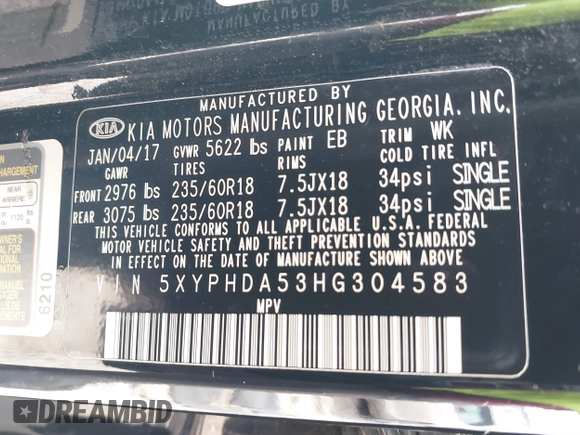 2017 Kia Sorento EX with VIN 5XYPHDA53HG304583, listed as a IAAI auction lot 41845911 with 109,169 mi miles and . Bid and sale history available at DreamBid. Image 9.