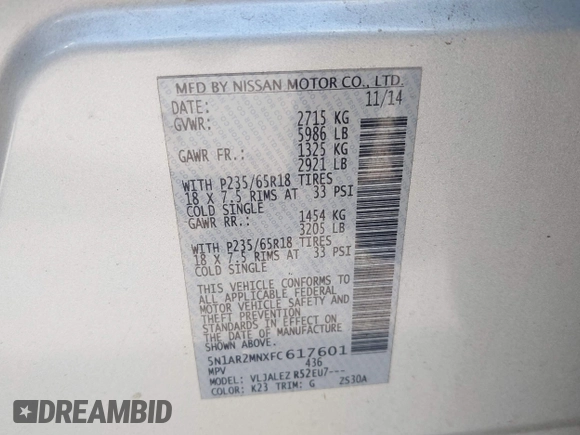 2015 Nissan Pathfinder SL with VIN 5N1AR2MNXFC617601, listed as a IAAI auction lot 42335005 with 121,903 mi miles and . Bid and sale history available at DreamBid. Image 9.