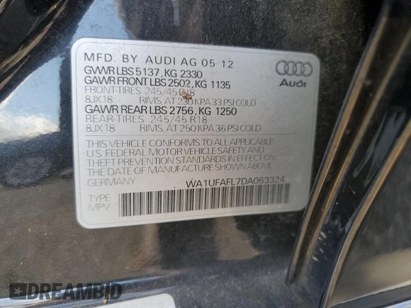 2013 Audi allroad Premium Plus with VIN WA1UFAFL7DA063324, listed as a Copart auction lot 84928244 with 105,823 mi miles and Salvage Title. Bid and sale history available at carsss.com. Image 12.