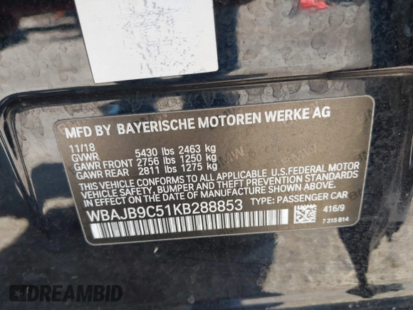 2019 BMW 5 Series M550i xDrive with VIN WBAJB9C51KB288853, listed as a IAAI auction lot 41905019 with Not provided miles and . Bid and sale history available at DreamBid. Image 9.