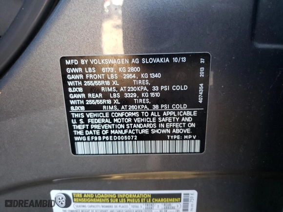 2014 Volkswagen Touareg Lux with VIN WVGEF9BP6ED005072, listed as a Copart auction lot 73975224 with NaN miles and Salvage Title. Bid and sale history available at carsss.com. Image 13.
