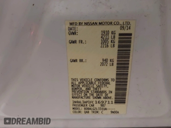2015 Nissan Altima S with VIN 1N4AL3AP1FC169711, listed as a IAAI auction lot 41884037 with 129,228 mi miles and . Bid and sale history available at DreamBid. Image 9.