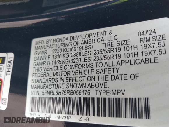 2024 Honda Odyssey Sport with VIN 5FNRL6H75RB056176, listed as a IAAI auction lot 41701547 with 10,660 mi miles and . Bid and sale history available at DreamBid. Image 9.
