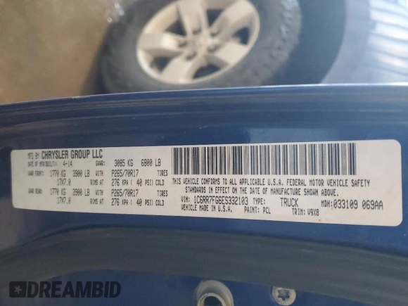 2014 Ram 1500 Tradesman with VIN 1C6RR7FG6ES332103, listed as a Copart auction lot 85561234 with 123,085 mi miles and Clean Title. Bid and sale history available at carsss.com. Image 12.