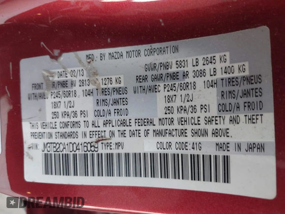 2013 Mazda CX-9 Touring with VIN JM3TB2CA1D0416059, listed as a IAAI auction lot 42749110 with Not provided miles and . Bid and sale history available at DreamBid. Image 9.