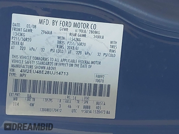 2008 Mercury Mountaineer Premier with VIN 4M2EU48E28UJ14713, listed as a IAAI auction lot 41764387 with 173,034 mi miles. Bid and sale history available at carsss.com. Image 9.
