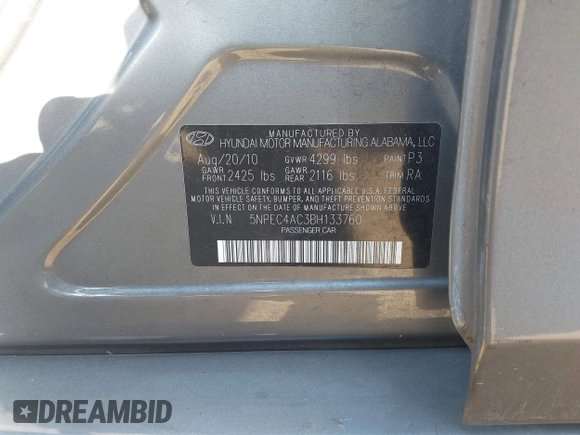 2011 Hyundai Sonata SE with VIN 5NPEC4AC3BH133760, listed as a IAAI auction lot 41675064 with 195,298 mi miles. Bid and sale history available at carsss.com. Image 9.