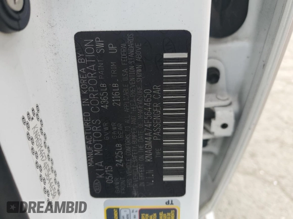 2015 Kia Optima LX with VIN KNAGM4A74F5644650, listed as a Copart auction lot 47653235 with 129,015 mi miles and Salvage Title. Bid and sale history available at carsss.com. Image 14.