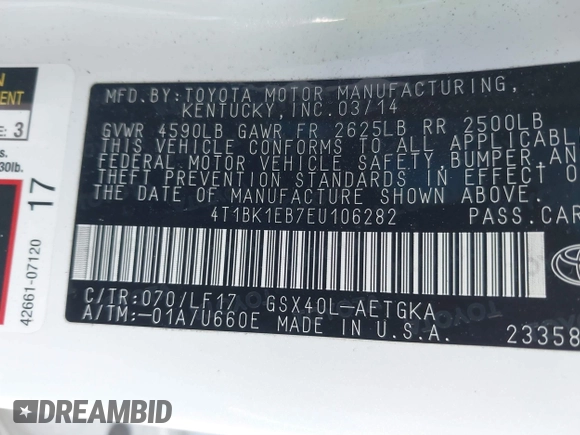 2014 Toyota Avalon Limited with VIN 4T1BK1EB7EU106282, listed as a IAAI auction lot 41608942 with Not Provided miles. Bid and sale history available at carsss.com. Image 9.