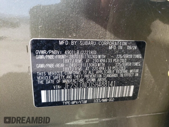 2025 Subaru Forester Limited с VIN JF2SLDNC0SH488141, выставлен на аукционе Copart как лот 52147495 с пробегом 10 793 миль миль и Списание • Salvage title. История ставок и продаж доступна на DreamBid. Изображение 13.