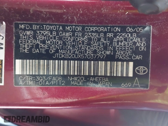 2005 Toyota Prius with VIN JTDKB20UX57037797, listed as a IAAI auction lot 41792880 with 259,123 mi miles. Bid and sale history available at carsss.com. Image 9.