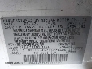 2017 Nissan Note SV z VIN 3N1CE2CP6HL363780, wystawiony jako IAAI lot #41670439 z przebiegiem 82 945 mil mil oraz . Historia ofert i sprzedaży dostępna na DreamBid. Obrazek 9.