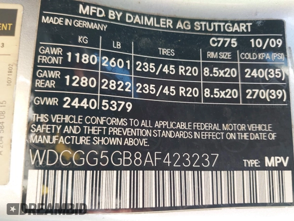 2010 Mercedes-Benz GLK 350 with VIN WDCGG5GB8AF423237, listed as a IAAI auction lot 41534414 with 236,055 mi miles and . Bid and sale history available at DreamBid. Image 9.
