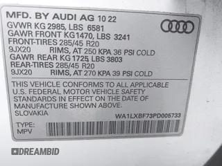 2023 Audi Q7 Premium Plus with VIN WA1LXBF73PD005733, listed as a IAAI auction lot 42229125 with 42,381 mi miles and . Bid and sale history available at DreamBid. Image 9.