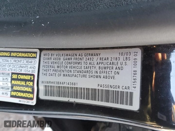 2004 Volkswagen Passat GLX with VIN WVWRH63BX4P143681, listed as a Copart auction lot 86345314 with 186,634 mi miles and Salvage title. Bid and sale history available at DreamBid. Image 12.