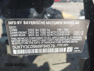 2021 BMW X3 sDrive30i with VIN 5UXTY3C09M9F84579, listed as a IAAI auction lot 41853738 with 56,809 mi miles and . Bid and sale history available at DreamBid. Image 9.