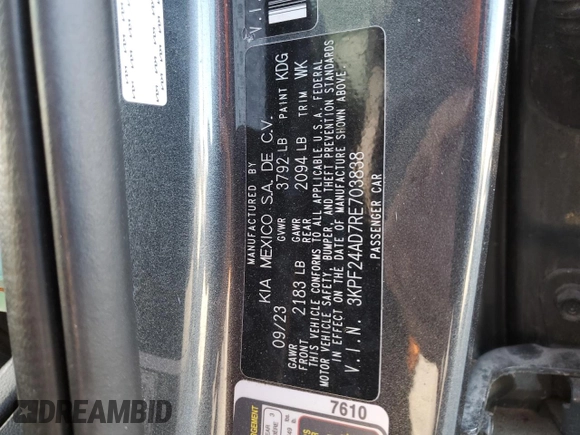 2024 Kia Forte LXS with VIN 3KPF24AD7RE703838, listed as a Copart auction lot 46918325 with 11,256 mi miles and Salvage Title. Bid and sale history available at carsss.com. Image 13.