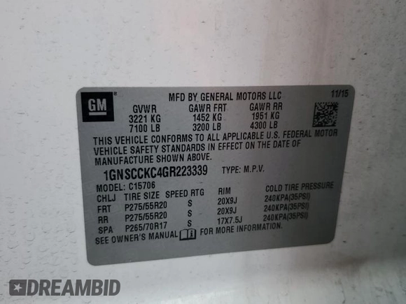 2016 Chevrolet Tahoe LTZ with VIN 1GNSCCKC4GR223339, listed as a Copart auction lot 51135015 with 150,853 mi miles and Salvage title. Bid and sale history available at DreamBid. Image 13.