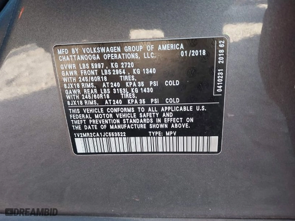 2018 Volkswagen Atlas 3.6L V6 SEL with VIN 1V2MR2CA1JC553522, listed as a IAAI auction lot 41020523 with 137,116 mi miles. Bid and sale history available at carsss.com. Image 9.
