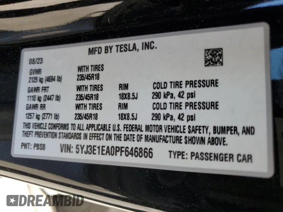 2023 Tesla Model 3 z VIN 5YJ3E1EA0PF646866, wystawiony jako Copart lot #42763275 z przebiegiem 24 382 mil mil oraz Szkoda całkowita • Salvage title. Historia ofert i sprzedaży dostępna na DreamBid. Obrazek 12.