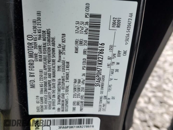 2019 Ford Fusion SE with VIN 3FA6P0H71KR278616, listed as a Copart auction lot 42767455 with 96,692 mi miles and Salvage Title. Bid and sale history available at carsss.com. Image 14.