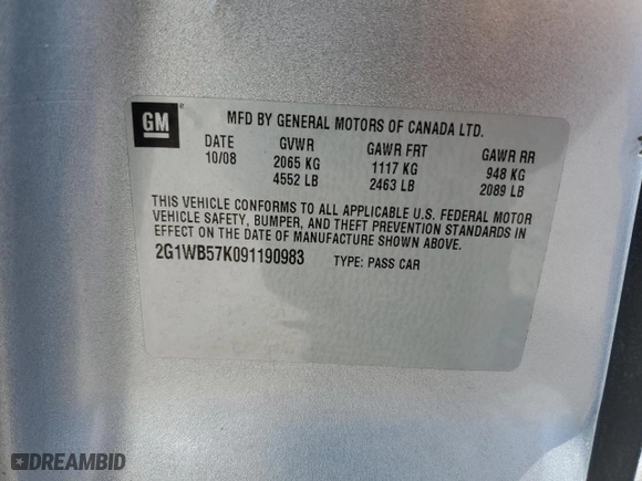 2009 Chevrolet Impala LS with VIN 2G1WB57K091190983, listed as a Copart auction lot 48704585 with 70,935 mi miles and Salvage Title. Bid and sale history available at carsss.com. Image 14.