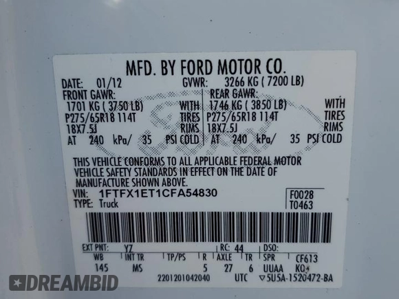 2012 Ford F-150 XL with VIN 1FTFX1ET1CFA54830, listed as a Copart auction lot 53489675 with 135,845 mi miles and Clean title. Bid and sale history available at DreamBid. Image 12.