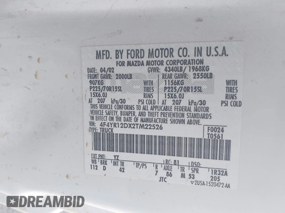 2002 Mazda B-Series Truck SX with VIN 4F4YR12DX2TM22526, listed as a IAAI auction lot 42099472 with 149,500 mi miles and . Bid and sale history available at DreamBid. Image 9.