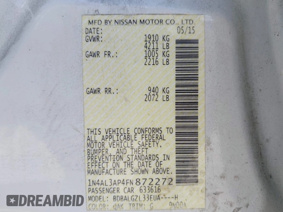 2015 Nissan Altima S z VIN 1N4AL3AP4FN872272, wystawiony jako IAAI lot #41982118 z przebiegiem 106 907 mil mil oraz . Historia ofert i sprzedaży dostępna na DreamBid. Obrazek 9.