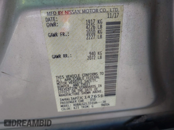 2018 Nissan Altima SV with VIN 1N4AL3AP7JC147656, listed as a IAAI auction lot 41879450 with 114,310 mi miles and . Bid and sale history available at carsss.com. Image 9.