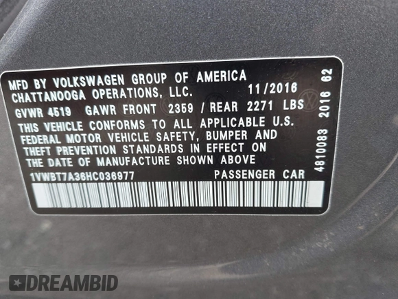 2017 Volkswagen Passat 1.8T SE with VIN 1VWBT7A36HC036977, listed as a IAAI auction lot 40483007 with 64,594 mi miles. Bid and sale history available at carsss.com. Image 9.