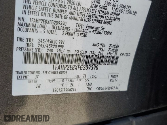 2015 Ford Taurus SEL with VIN 1FAHP2E8XFG209390, listed as a Copart auction lot 58992305 with 99,498 mi miles and Salvage title. Bid and sale history available at DreamBid. Image 12.