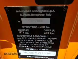 2006 Lamborghini Gallardo с VIN ZHWGU22T46LA03894, выставлен на аукционе Copart как лот 51863375 с пробегом 26 528 миль миль и Списание • Salvage title. История ставок и продаж доступна на DreamBid. Изображение 12.