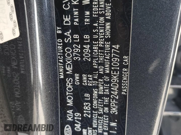 2019 Kia Forte LXS with VIN 3KPF24AD9KE109774, listed as a Copart auction lot 55360925 with 54,795 mi miles and Salvage Title. Bid and sale history available at DreamBid. Image 13.