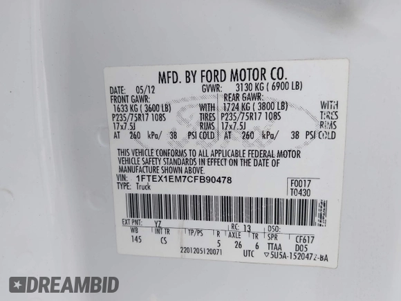 2012 Ford F-150 XL with VIN 1FTEX1EM7CFB90478, listed as a IAAI auction lot 41674087 with 342,328 mi miles. Bid and sale history available at carsss.com. Image 9.